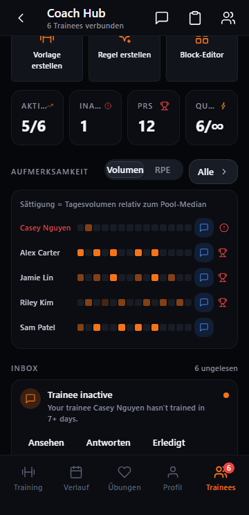 Coach-Hub-Ansicht in der Ironstead-App