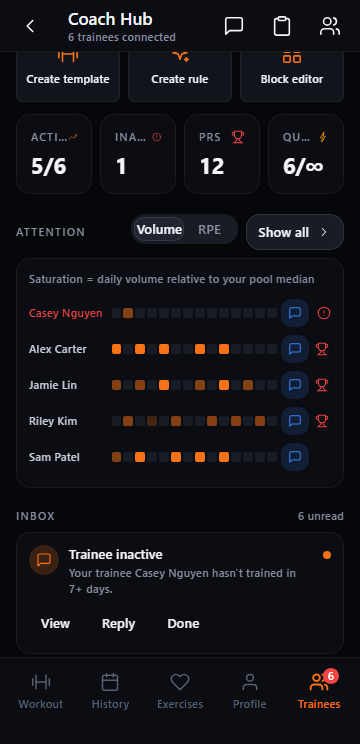 Coach Hub view in the Ironstead app